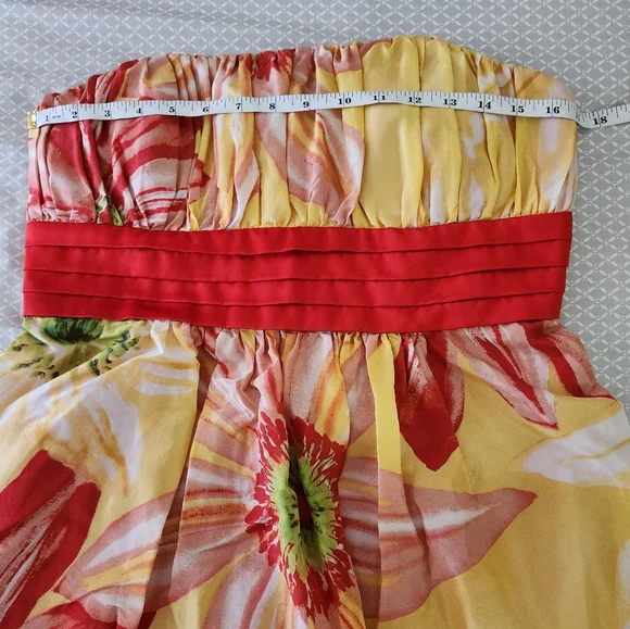 BCBG Silk Yellow Red Floral Strapless Mini Dress Size 12 - Picture 13 of 16